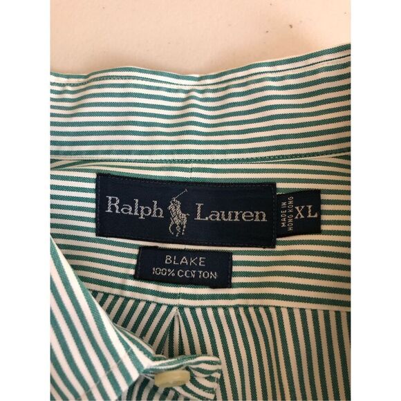 RALPH LAUREN BLAKE COTTON SHIRT Mens Sz XL White Green Stripes - Picture 5 of 8